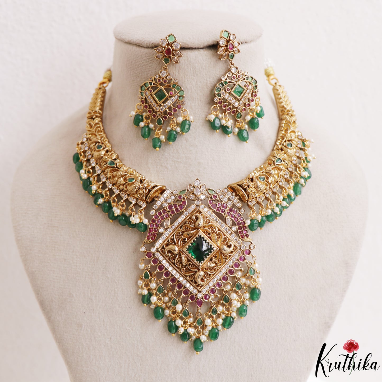 Premium Antique Peacock Motifs Jadau Necklace With Green Bead Drops NC3248