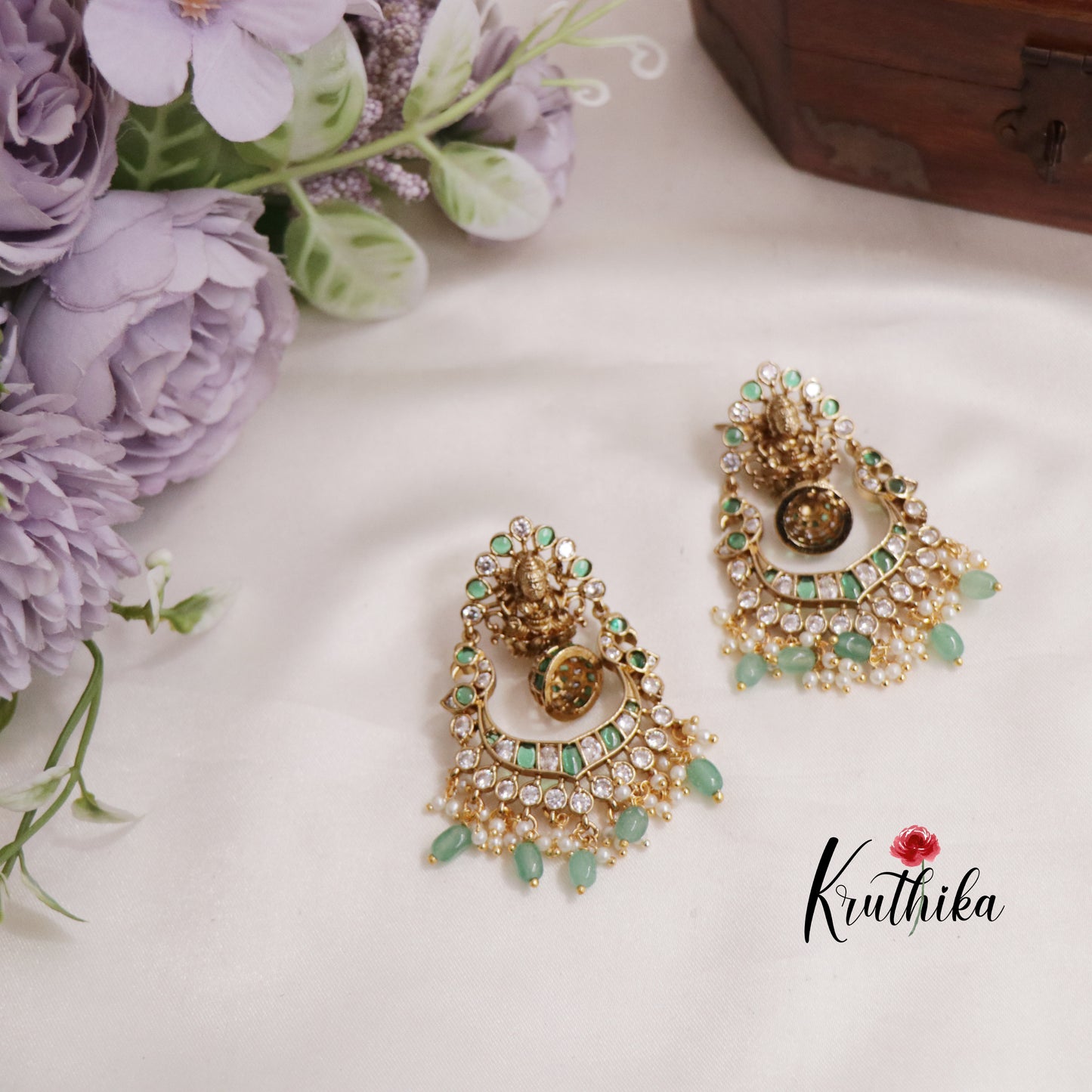 Beautiful Kemp Lakshmi Peacock Jhumka With Bead And Pearl Drops Earrings E804