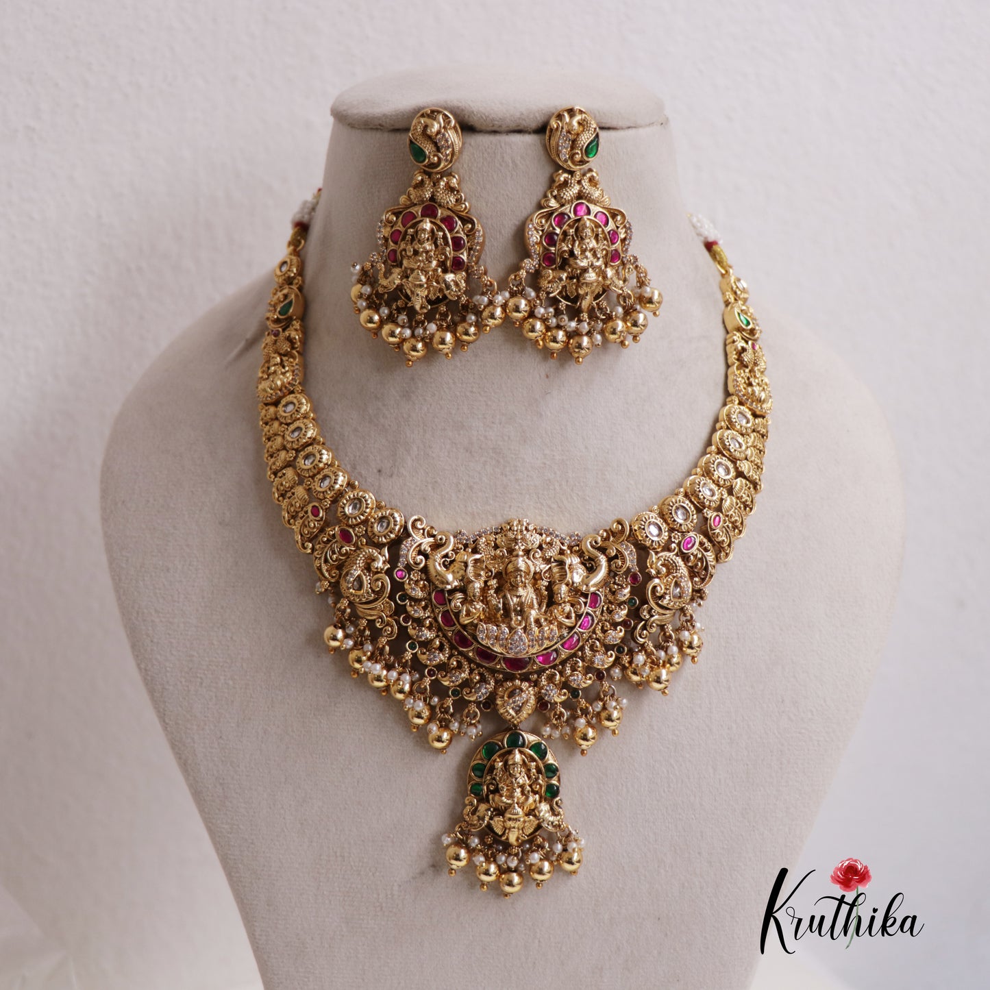 Attractive Jadau Antique Lakshmi Peacock Necklace with Beads NC2530