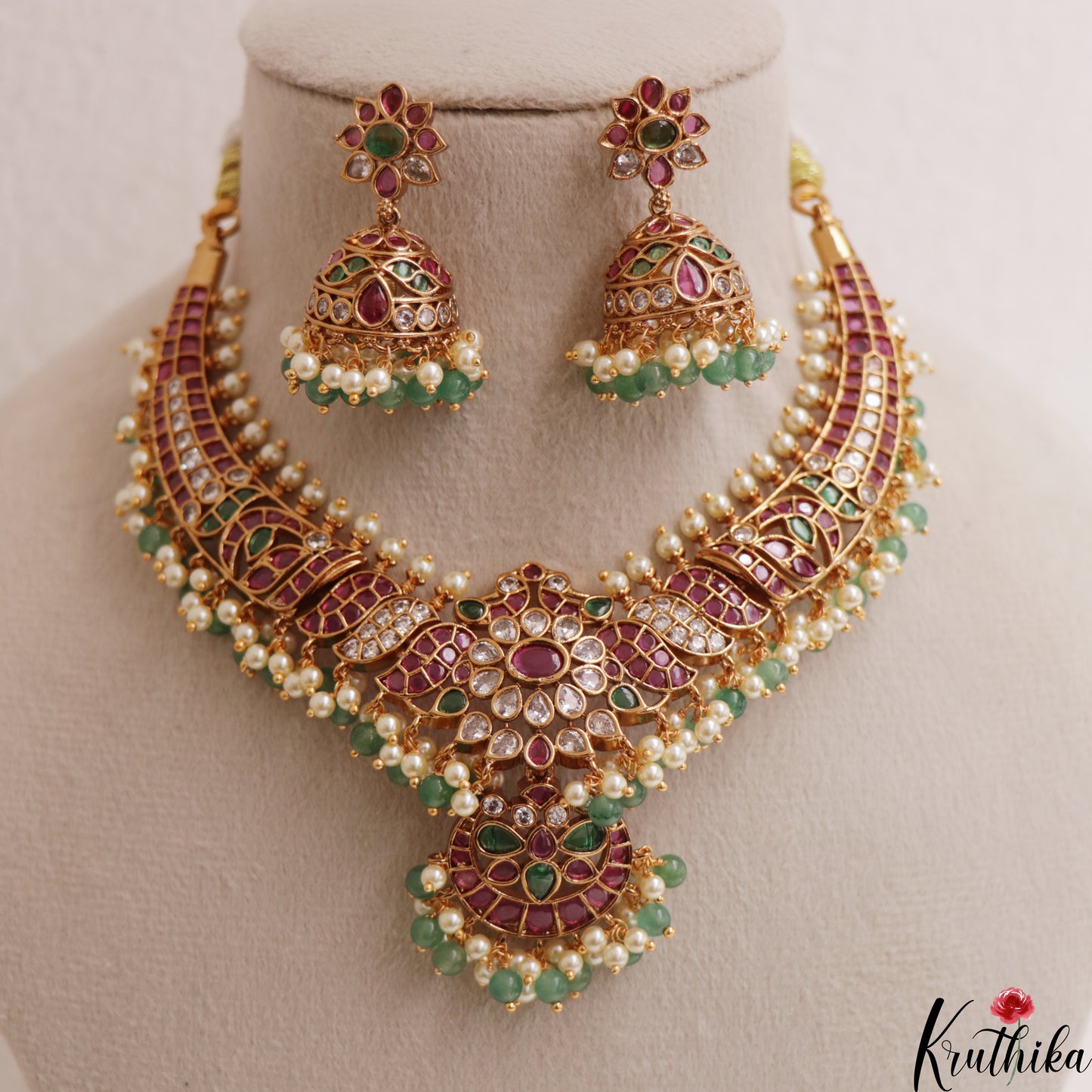 Premium Floral Peacock Motifs Kemp Necklace With Two Interchangeable Pendants NC3025