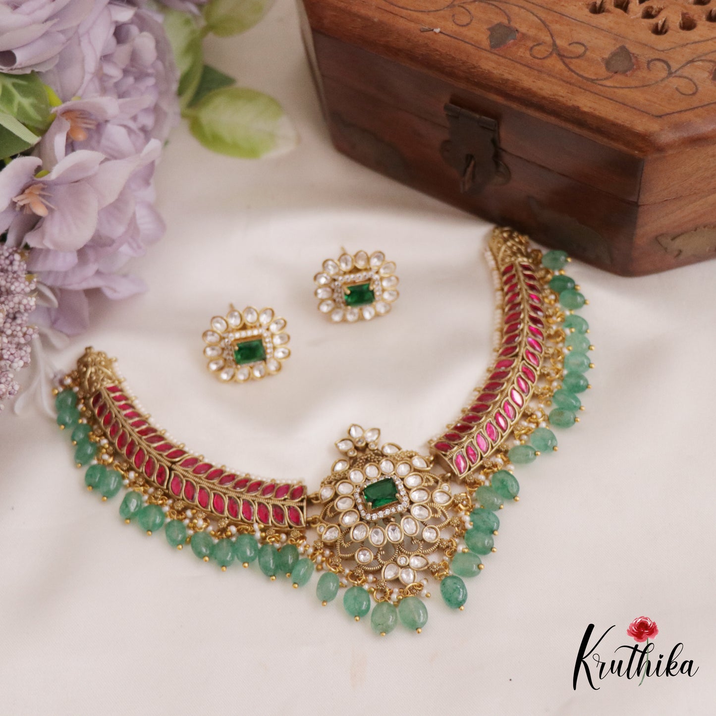 Gorgeous Floral Leaf Motifs Jadau Choker With Green Bead Drops NC2689 (Available In 2 Colors)