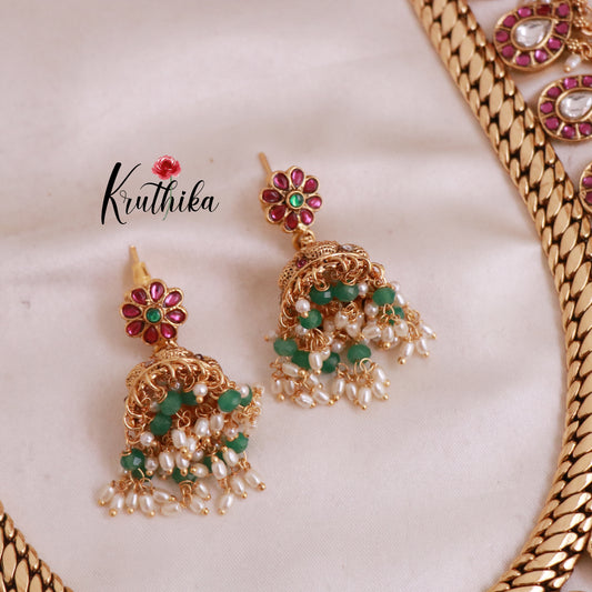 Royal Jadau Mango Jalebi style Haaram with pastel bead guttapoosalu LH812
