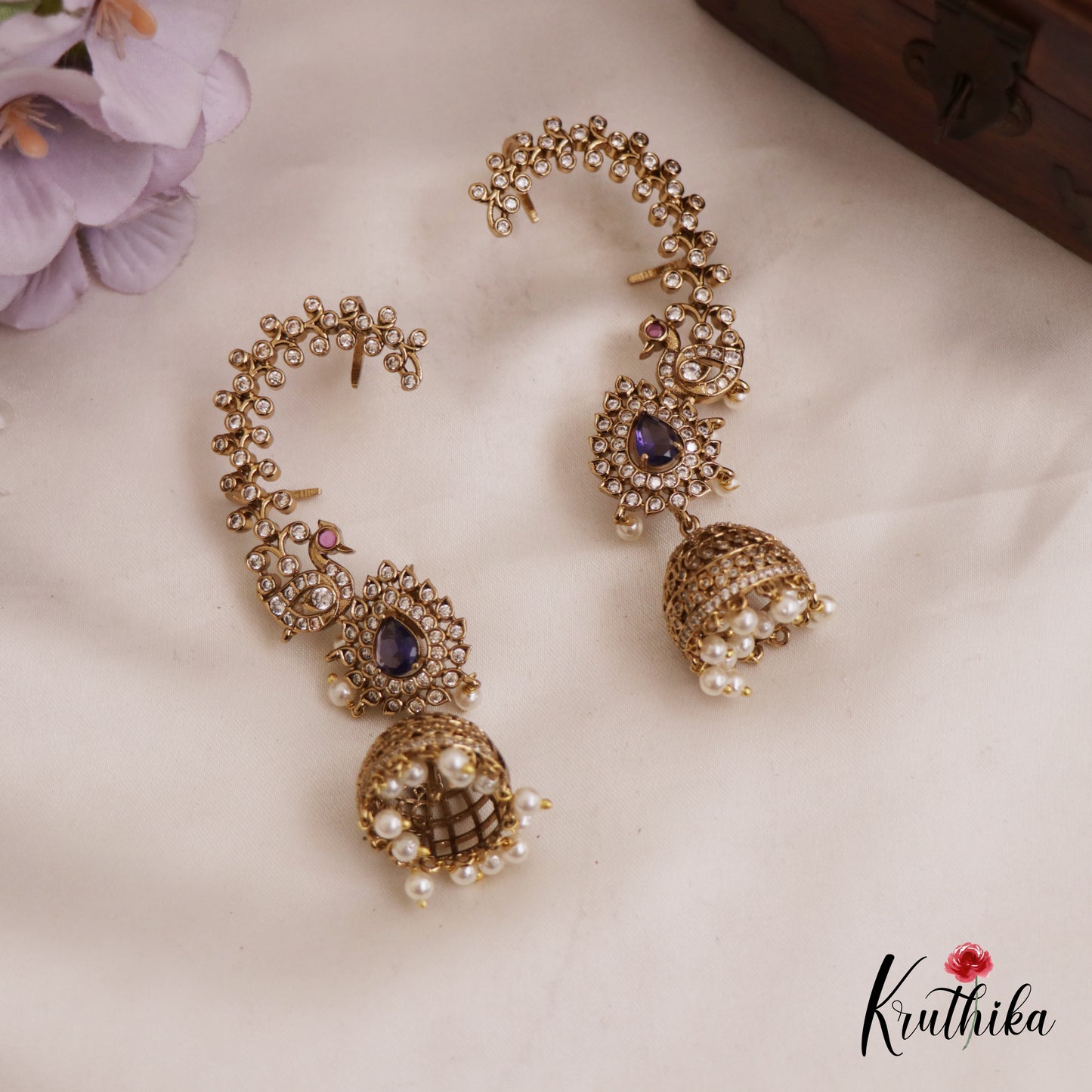 Gorgeous Peacock Teardrop Motifs AD Ear Cuff With Pearl Drops E977 (Available In 5 Colors)