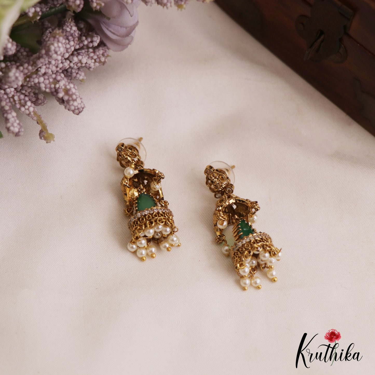 Classic Antique Lakshmi Motifs Jhumkas With Pearl Drops E1116 (Available In 2 Colors)