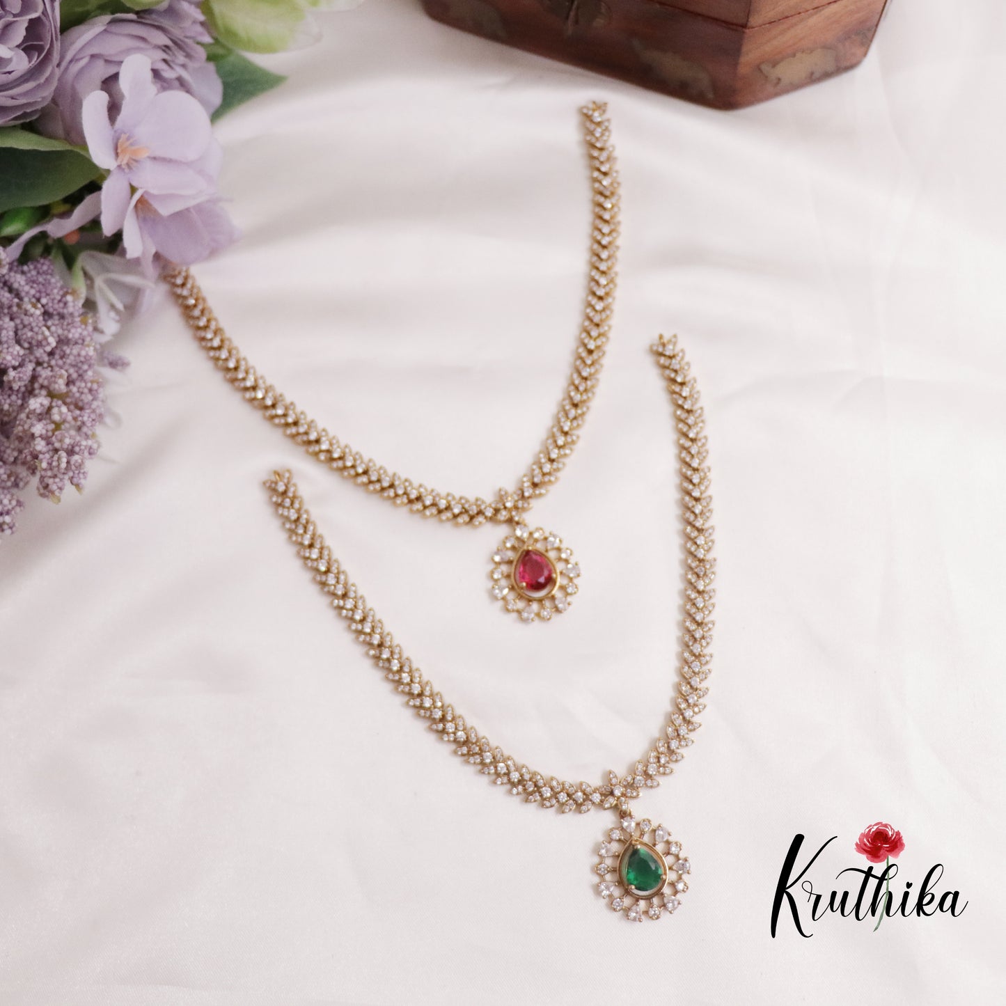 Beautiful CZ Leaf Necklace with Water Drop Pendant Set NC2271 (Available in 2 Colors)