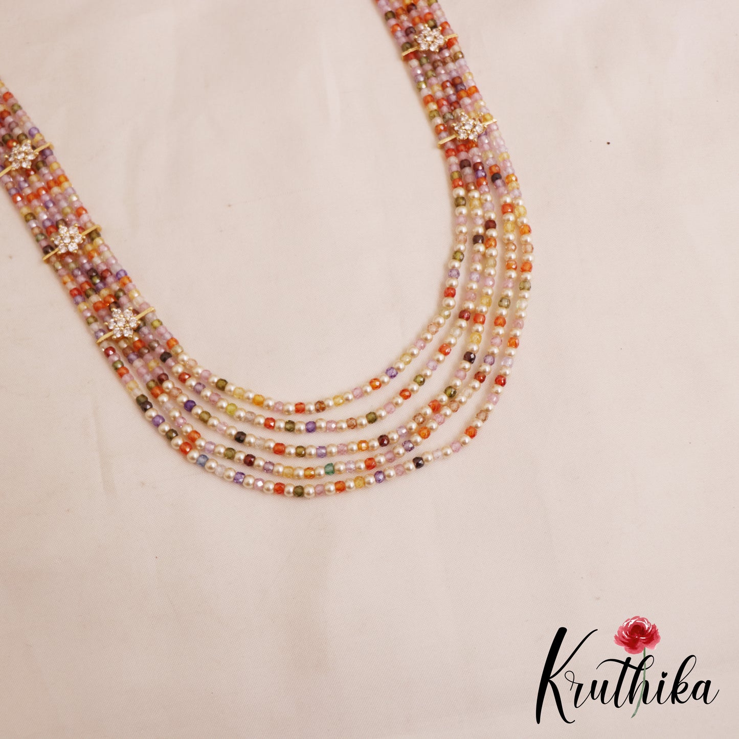 Sparkling Multi Layered crystal & Pearl statement Haaram with floral accents LH2081 (Available In 13 Colors)