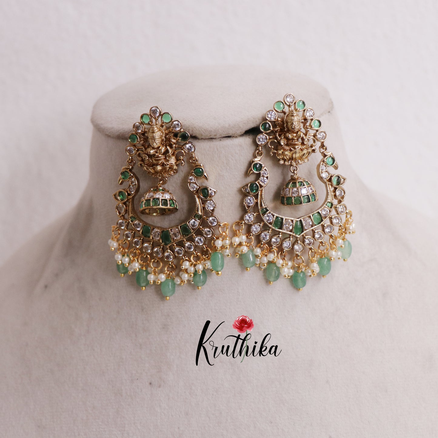 Beautiful Kemp Lakshmi Peacock Jhumka With Bead And Pearl Drops Earrings E804
