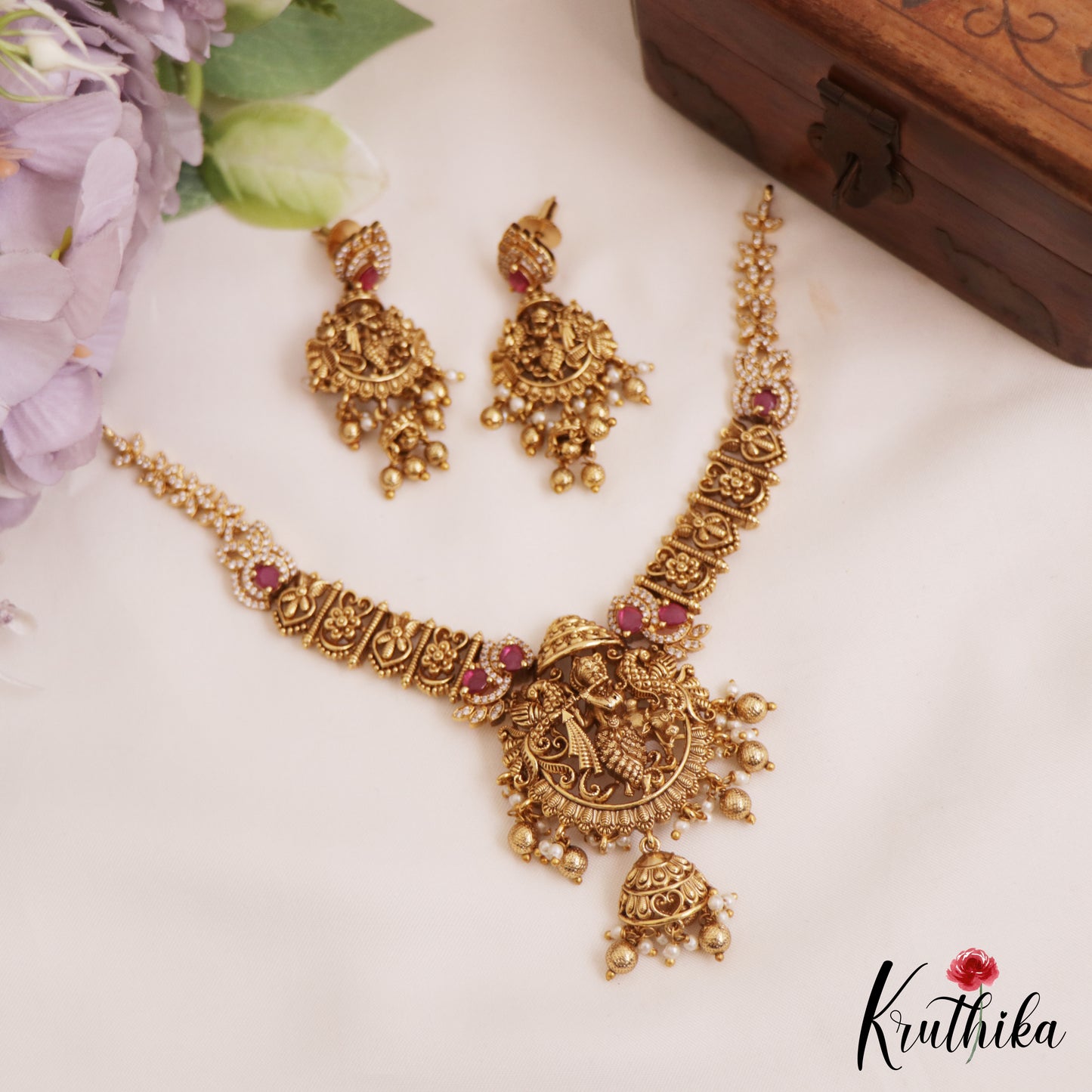 Elegant Antique Lord Krishna Motifs Kemp Necklace With Golden Bead Drops NC2761