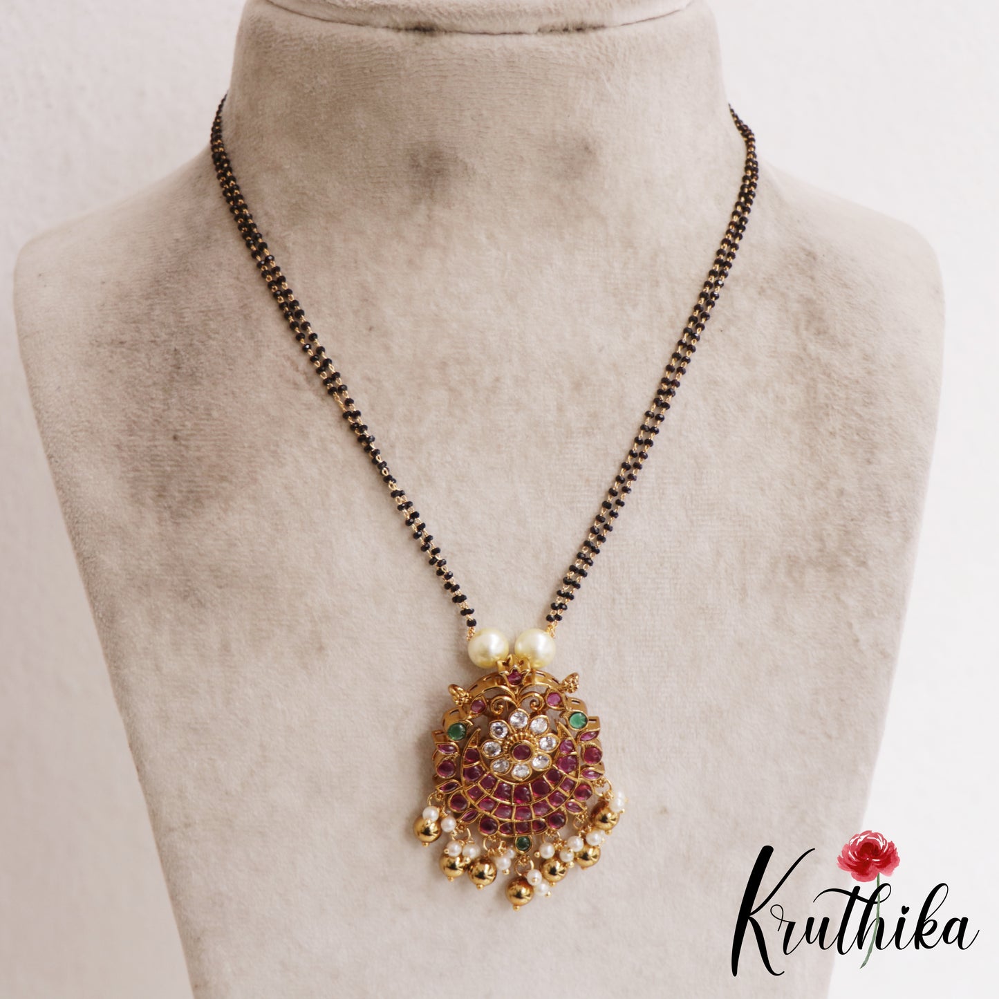 Beautiful Floral Motifs Double Layered Mangalsutra With Bead Drops NC2904