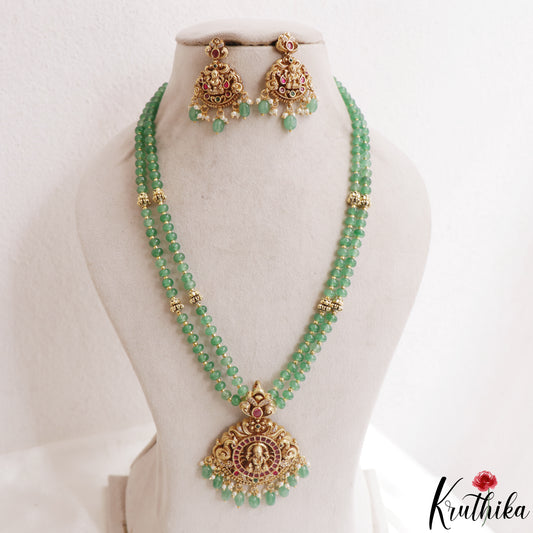 Trendy Antique Lakshmi Motifs Double Layered Green Beads Jadau Haaram LH2159