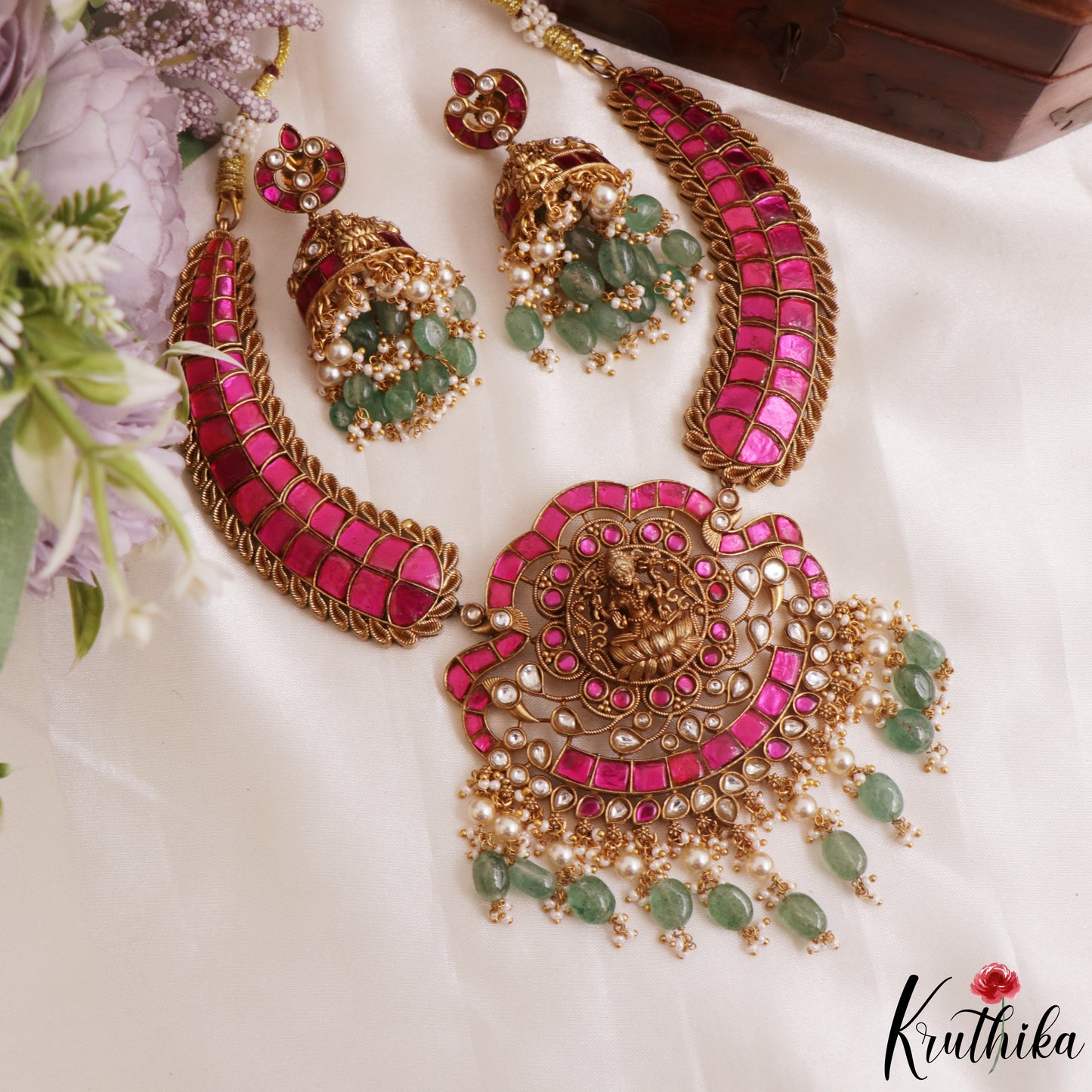 Royal Antique Nagas Lakshmi Motifs Jadau Necklace With Green Bead Drops NC3237