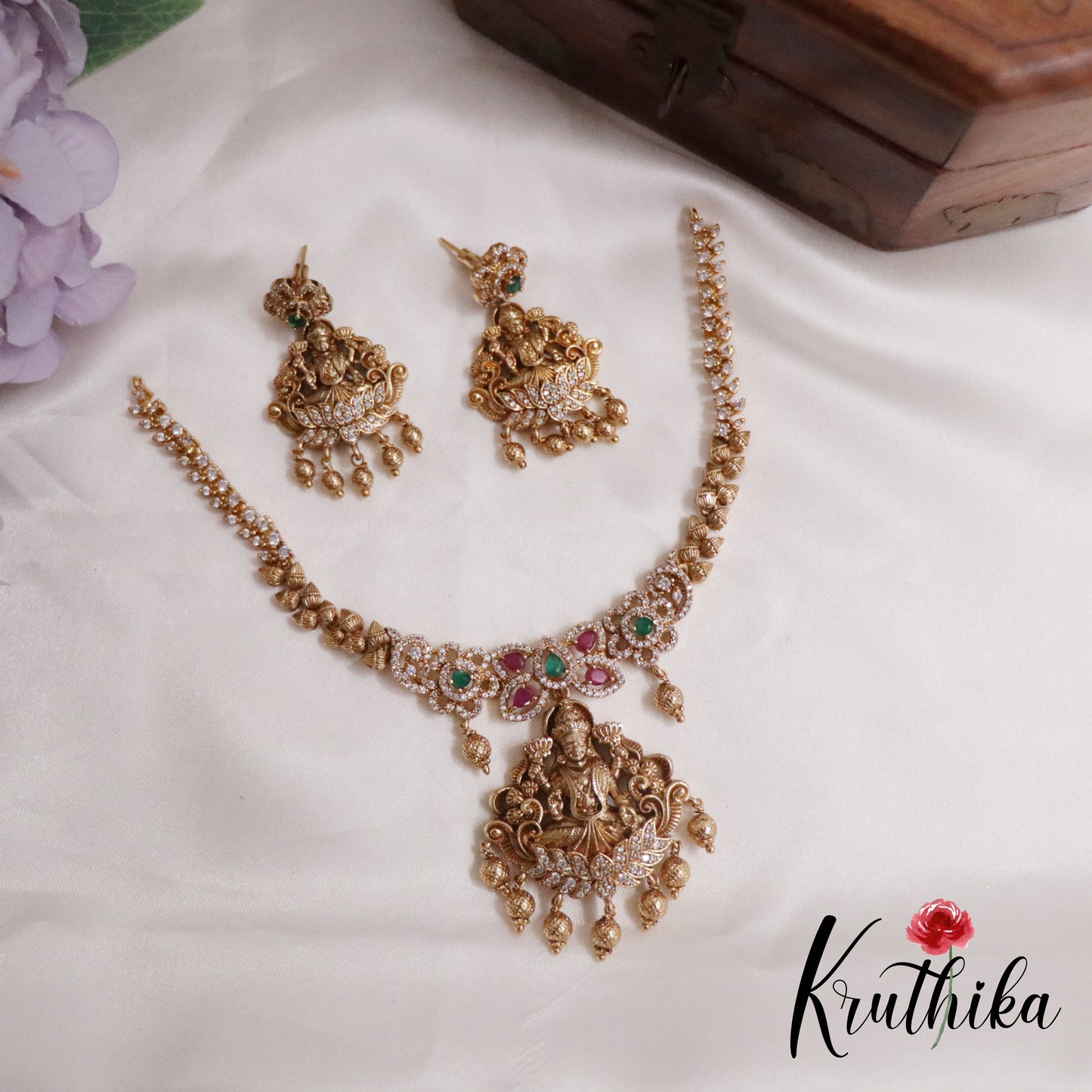 Pretty CZ Laxmi Necklace with Golden Beads Drops NC2247 (available in 2 Colors)