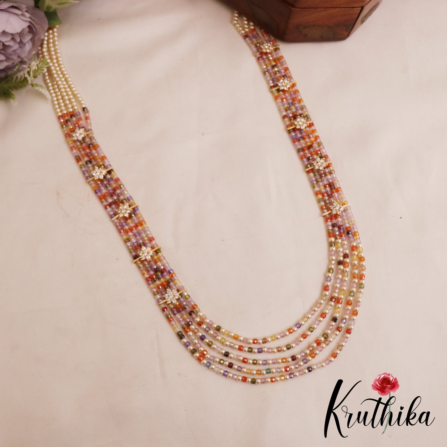 Sparkling Multi Layered crystal & Pearl statement Haaram with floral accents LH2081