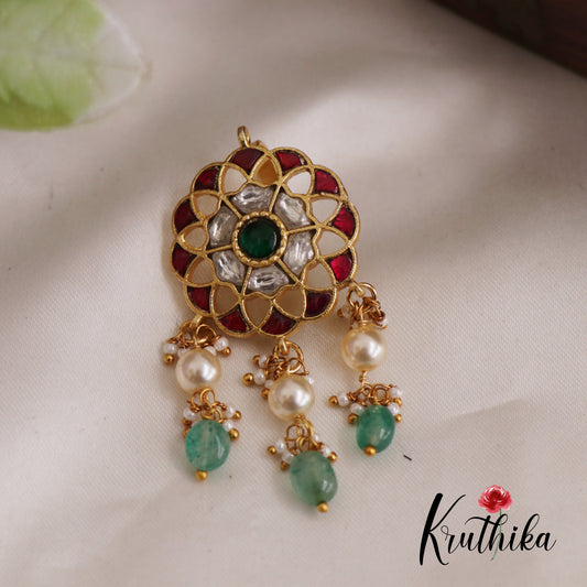 Beautiful Floral Motifs Jadau Pendant With Pearl And Bead Drops PS255