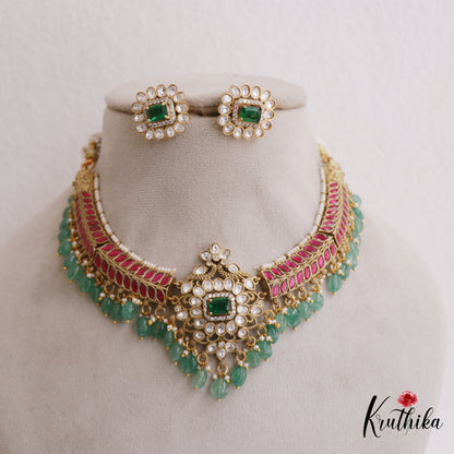 Gorgeous Floral Leaf Motifs Jadau Choker With Green Bead Drops NC2689 (Available In 2 Colors)