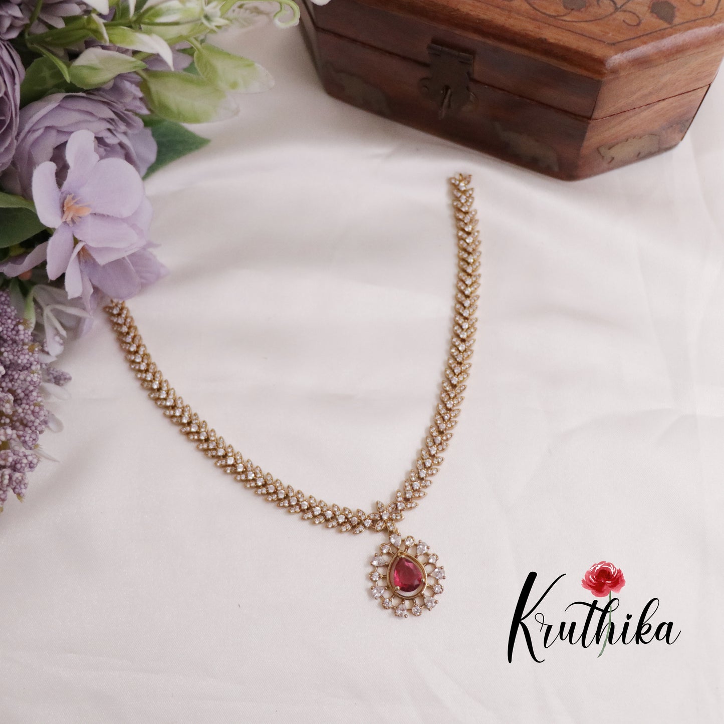 Beautiful CZ Leaf Necklace with Water Drop Pendant Set NC2271 (Available in 2 Colors)