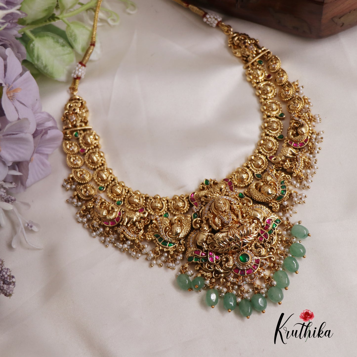 Premium Jadau Antique Lakshmi Peacock Necklace with Beads NC2528 (Available In 2 Colours)