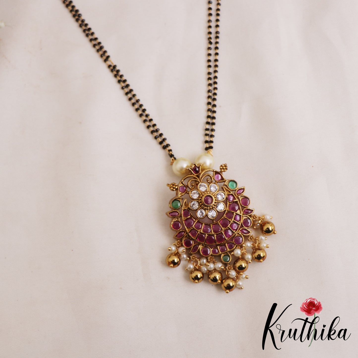 Beautiful Floral Motifs Double Layered Mangalsutra With Bead Drops NC2904