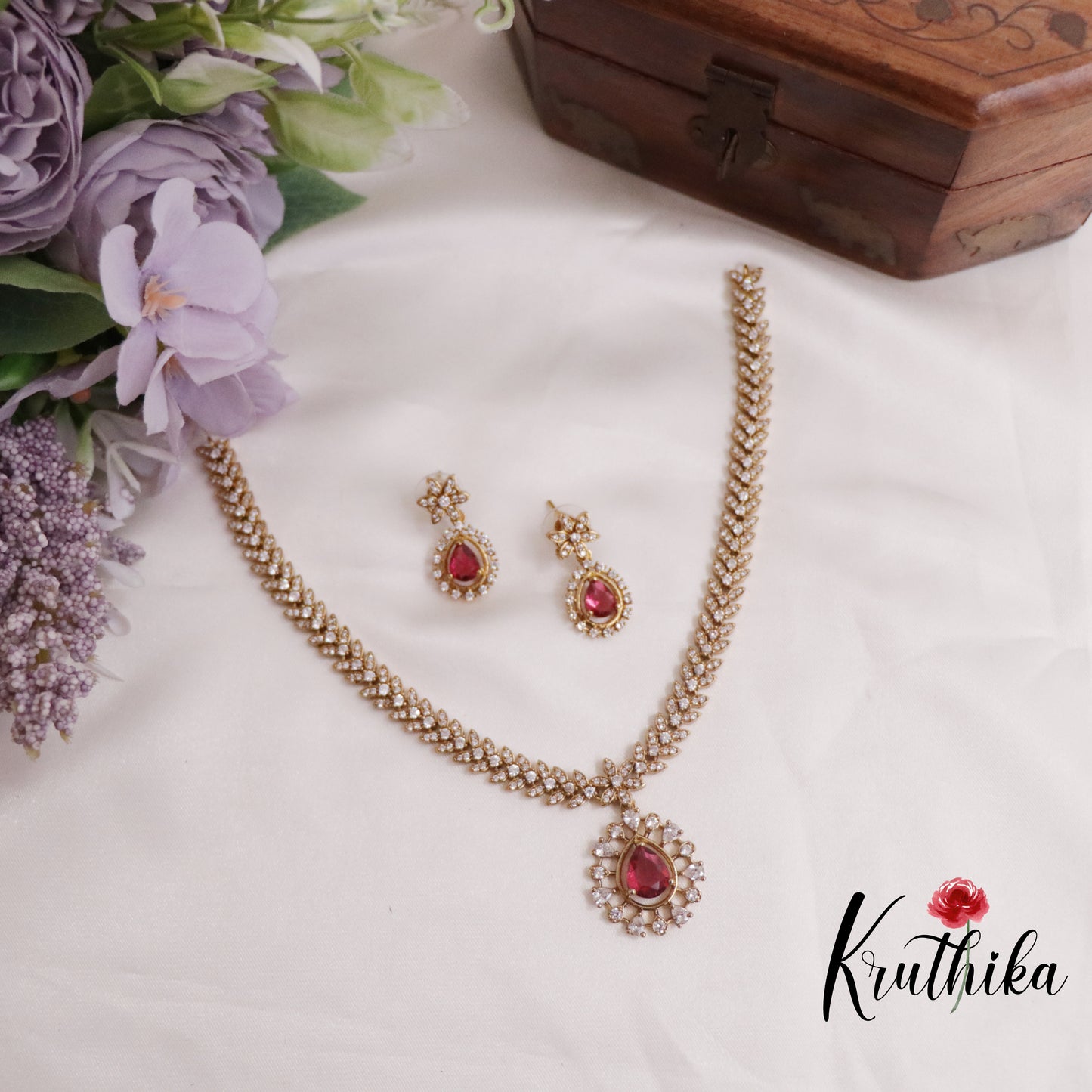 Beautiful CZ Leaf Necklace with Water Drop Pendant Set NC2271 (Available in 2 Colors)