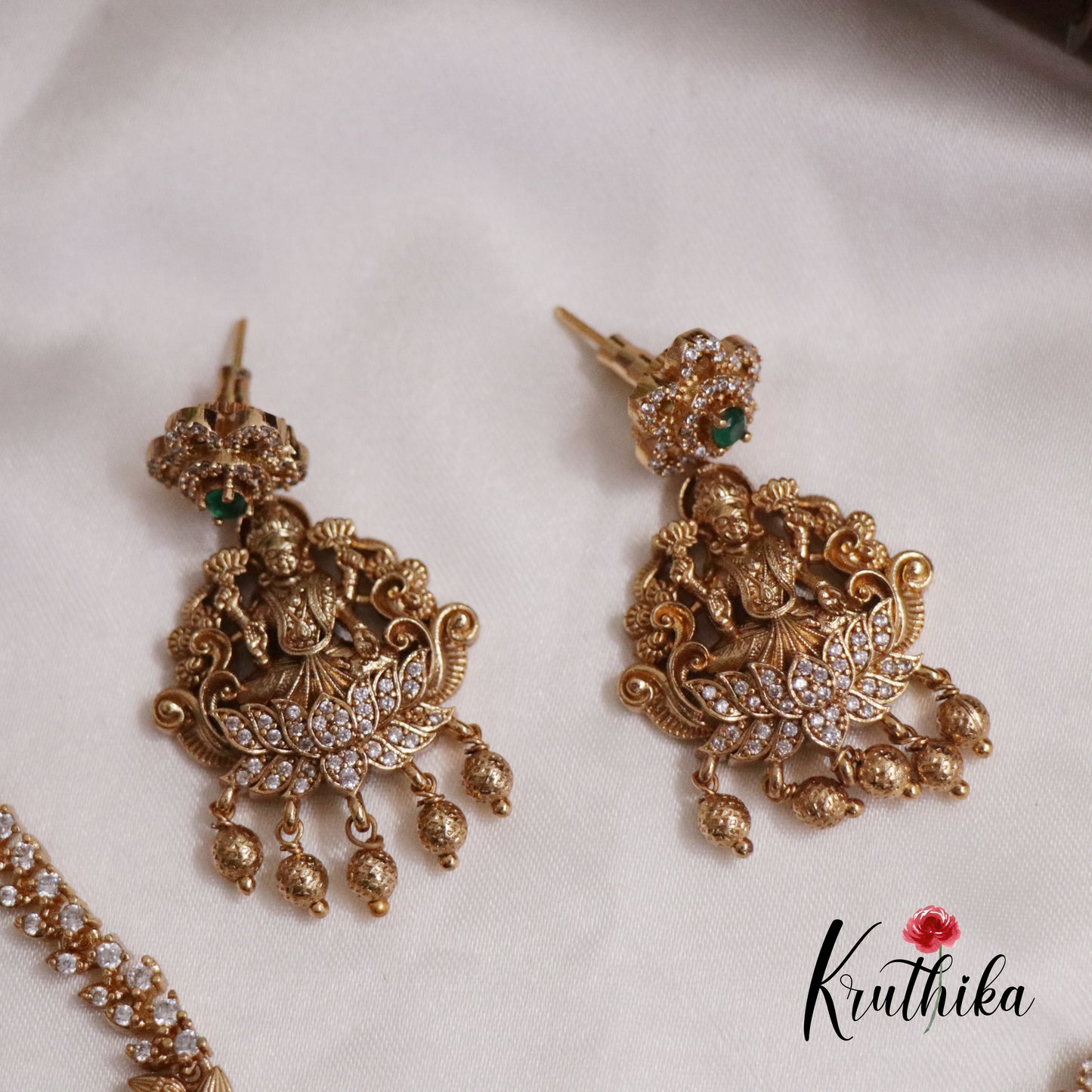 Pretty CZ Laxmi Necklace with Golden Beads Drops NC2247 (available in 2 Colors)