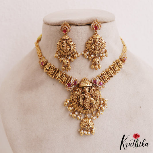 Elegant Antique Lord Krishna Motifs Kemp Necklace With Golden Bead Drops NC2761