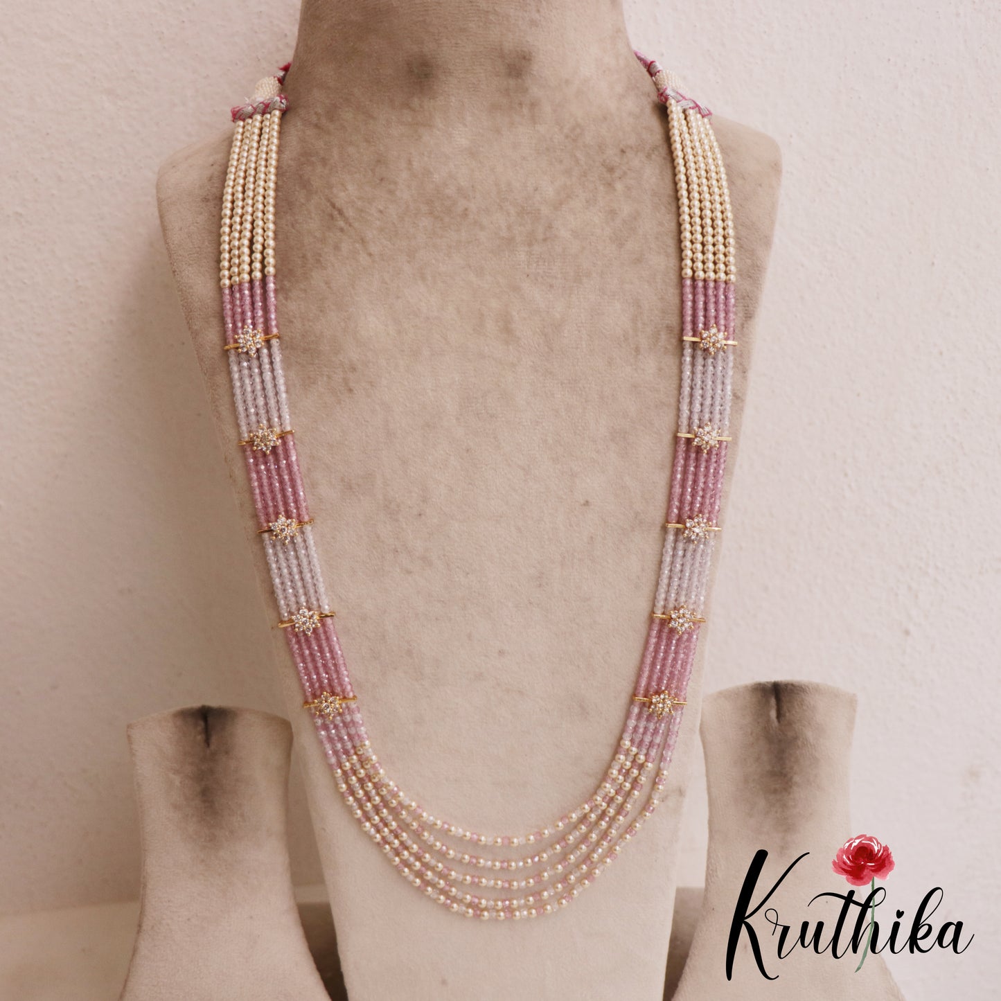 Sparkling Multi Layered crystal & Pearl statement Haaram with floral accents LH2081