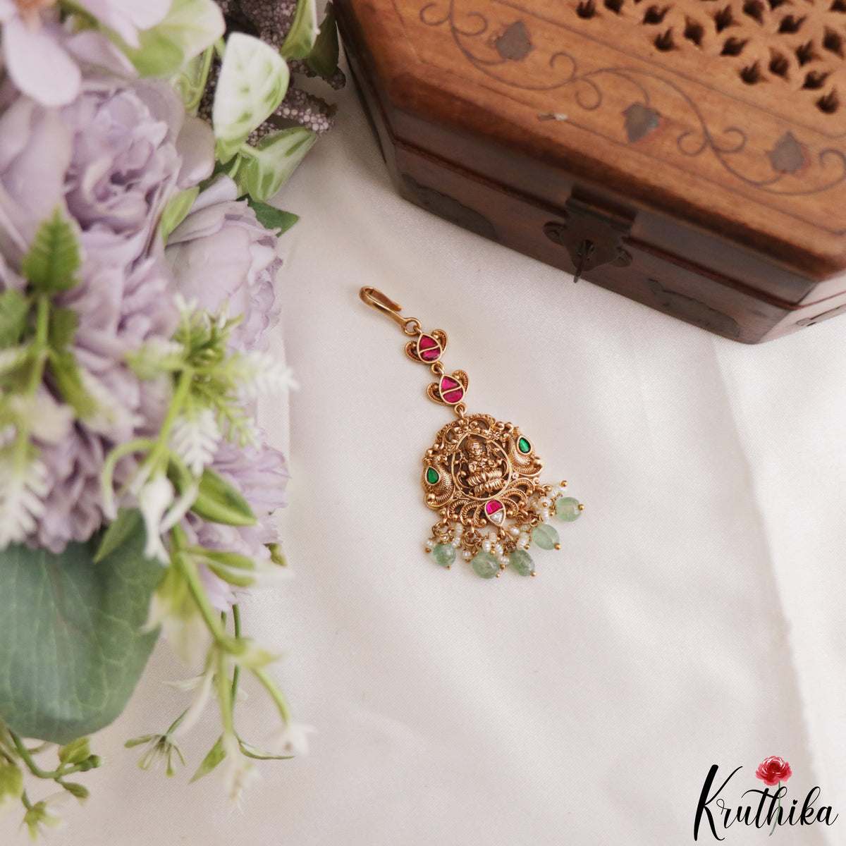 Classic Antique Lakshmi Peacock Motifs Jadau Maang Tikka With Pearl Bead Drops MT402 (Available In 4 Colors)