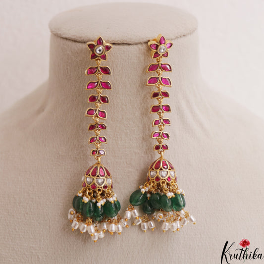 Premium Floral Leaf Motifs Jadau Jhumkas With Green Bead Drops E1146