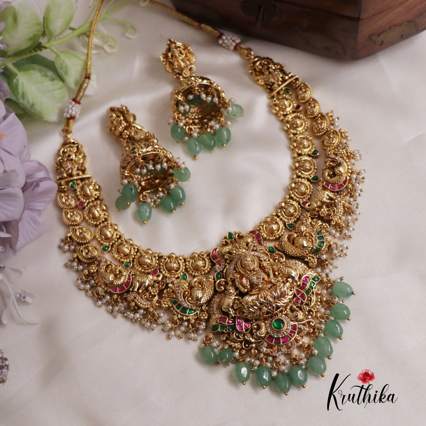 Premium Jadau Antique Lakshmi Peacock Necklace with Beads NC2528 (Available In 2 Colours)