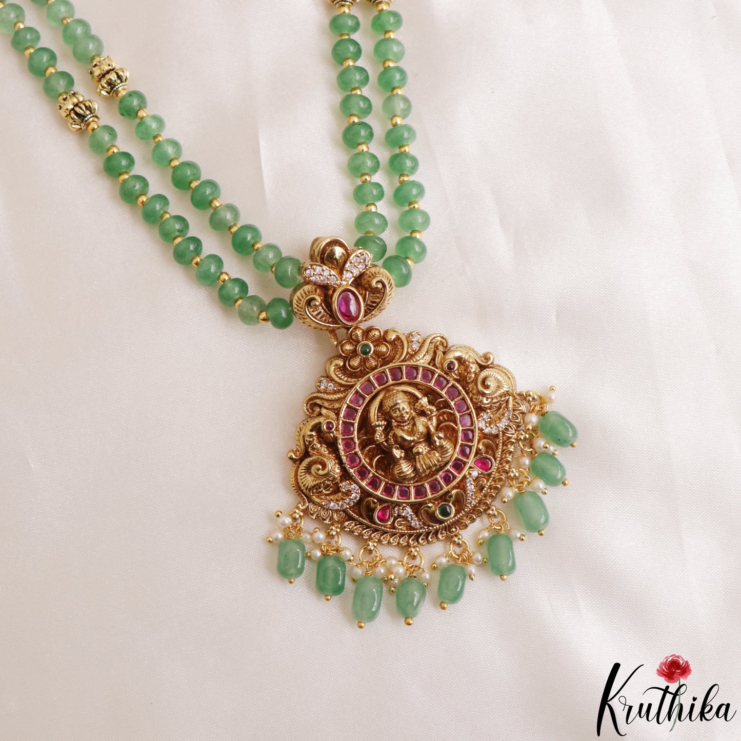 Trendy Antique Lakshmi Motifs Double Layered Green Beads Jadau Haaram LH2159