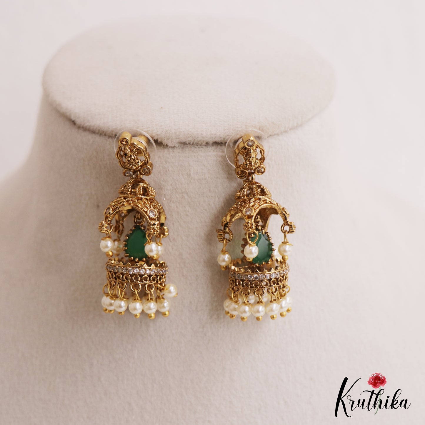 Classic Antique Lakshmi Motifs Jhumkas With Pearl Drops E1116 (Available In 2 Colors)
