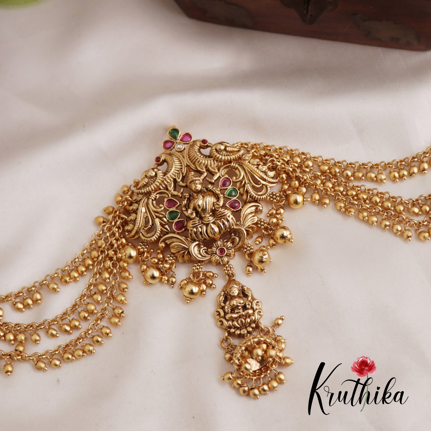 Stunning Antique Lakshmi Jhumka Jada Billa With Triple Strand Bead Chains J291