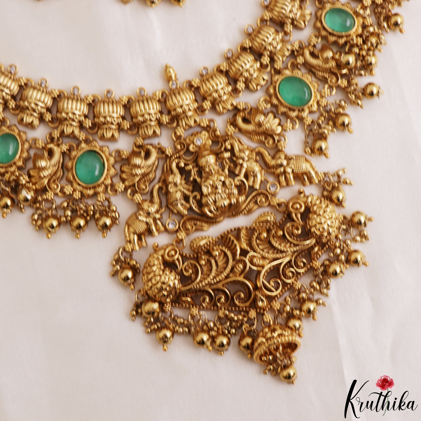 Premium Antique Nagas Lakshmi Peacock Motifs Temple Necklace With Golden Bead Drops NC3223