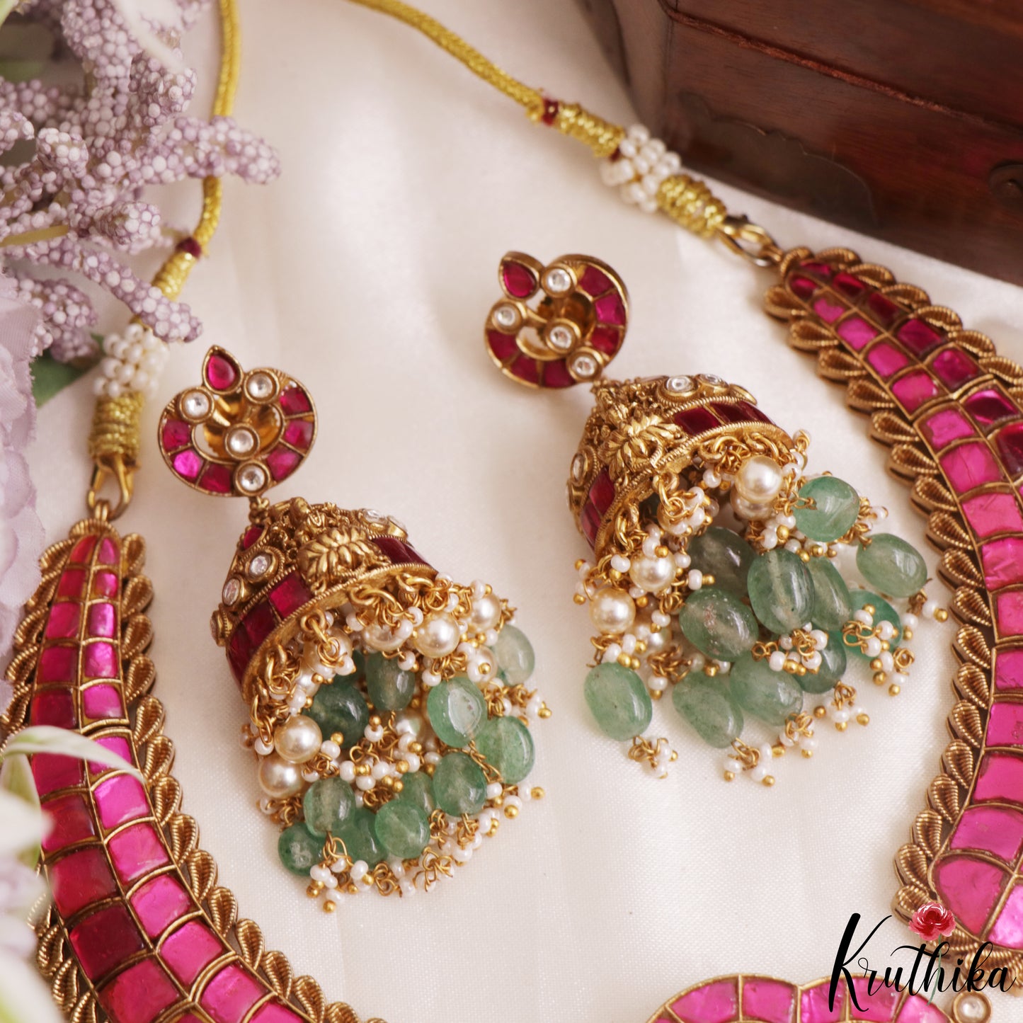 Royal Antique Nagas Lakshmi Motifs Jadau Necklace With Green Bead Drops NC3237