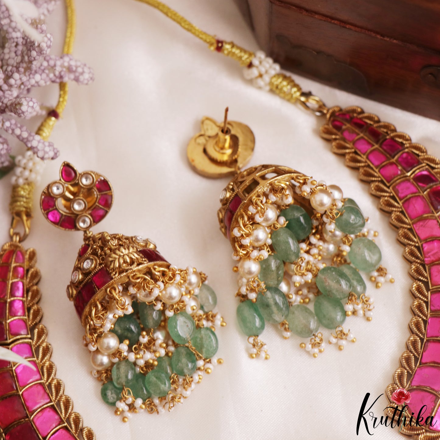 Royal Antique Nagas Lakshmi Motifs Jadau Necklace With Green Bead Drops NC3237