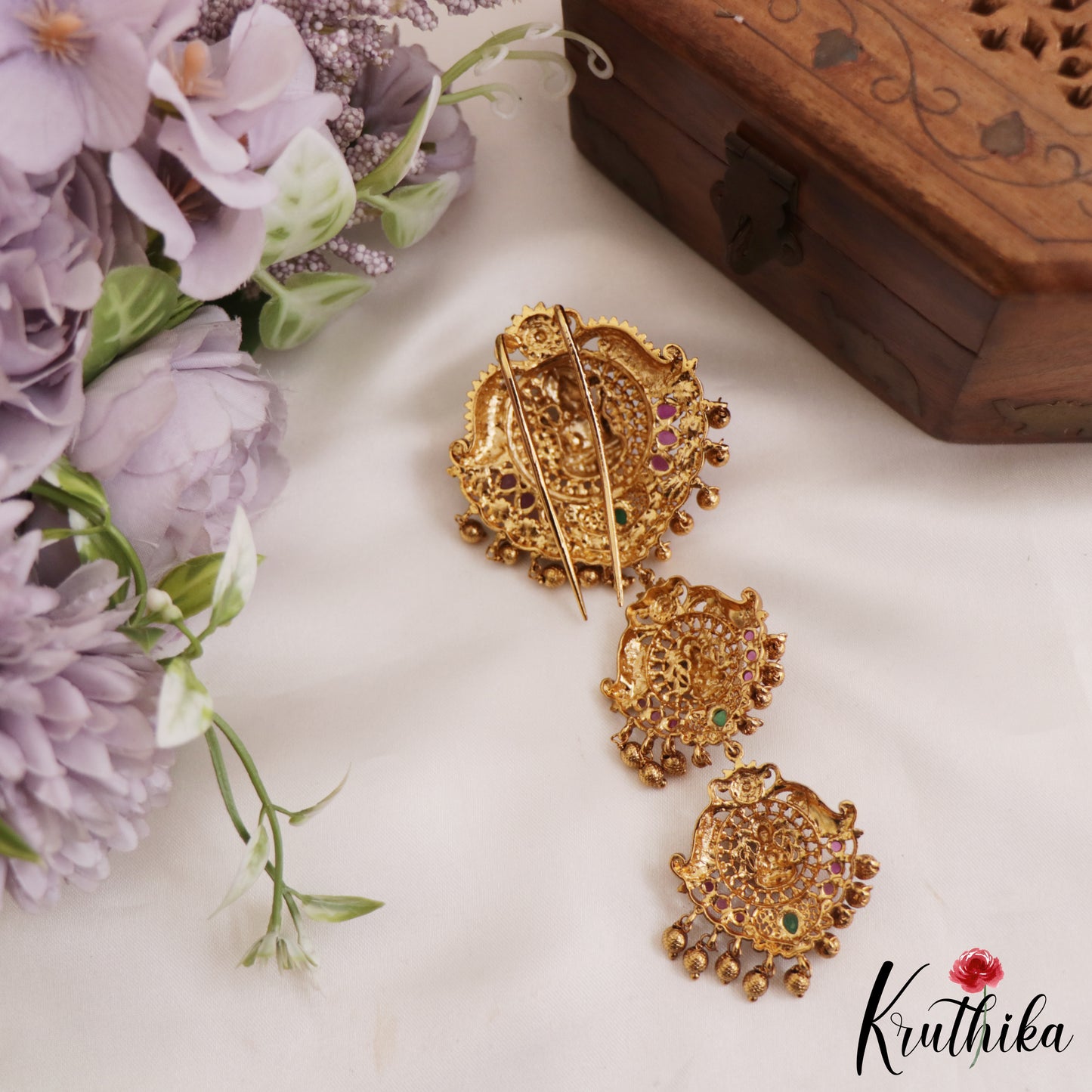 Stunning Antique Lakshmi Jada Billa With Golden Bead Drops J320