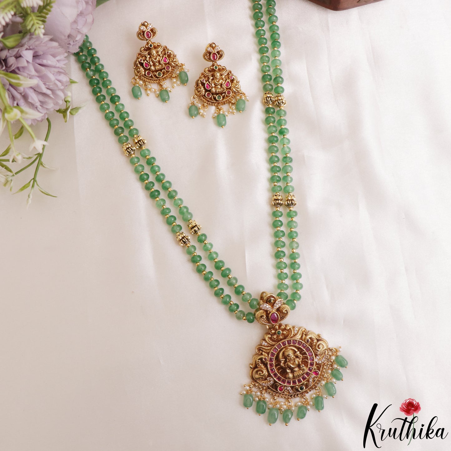 Trendy Antique Lakshmi Motifs Double Layered Green Beads Jadau Haaram LH2159