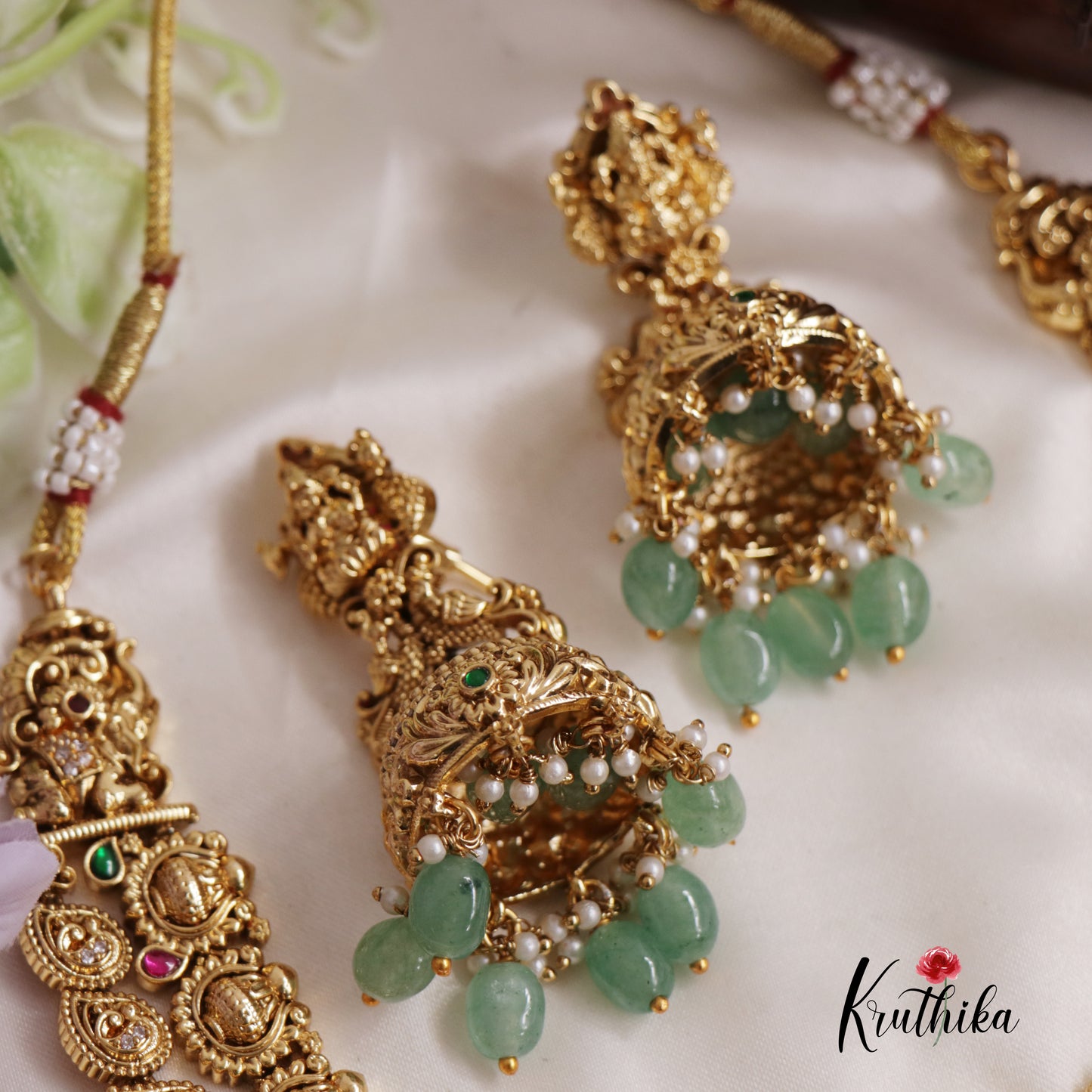 Premium Jadau Antique Lakshmi Peacock Necklace with Beads NC2528 (Available In 2 Colours)