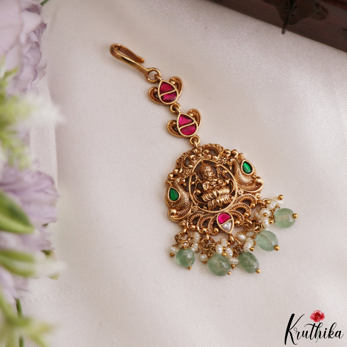 Classic Antique Lakshmi Peacock Motifs Jadau Maang Tikka With Pearl Bead Drops MT402 (Available In 4 Colors)