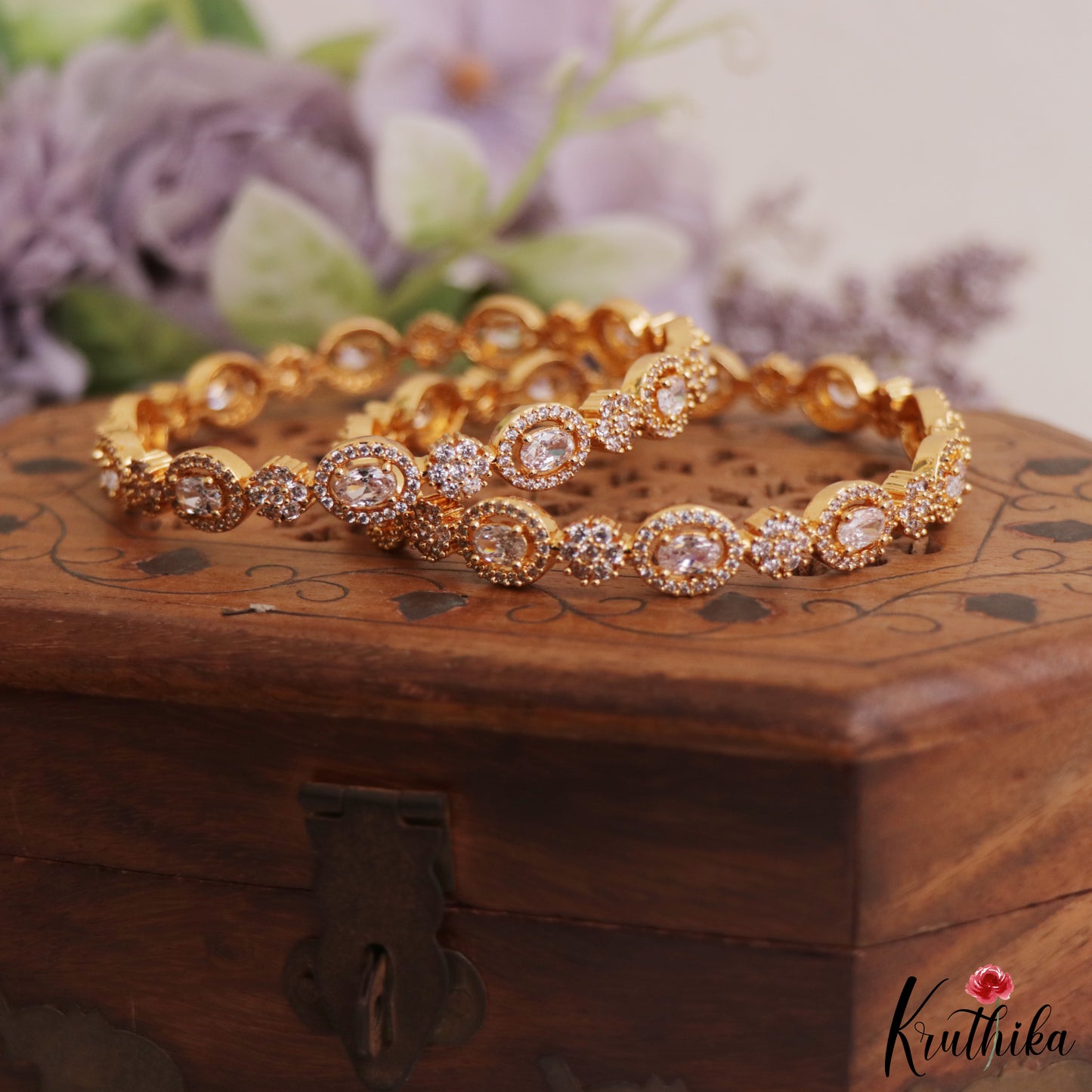 Beautiful Geometric Floral Motifs Diamond-Finish Gold-Tone AD Bangles B532 (Set of 2)