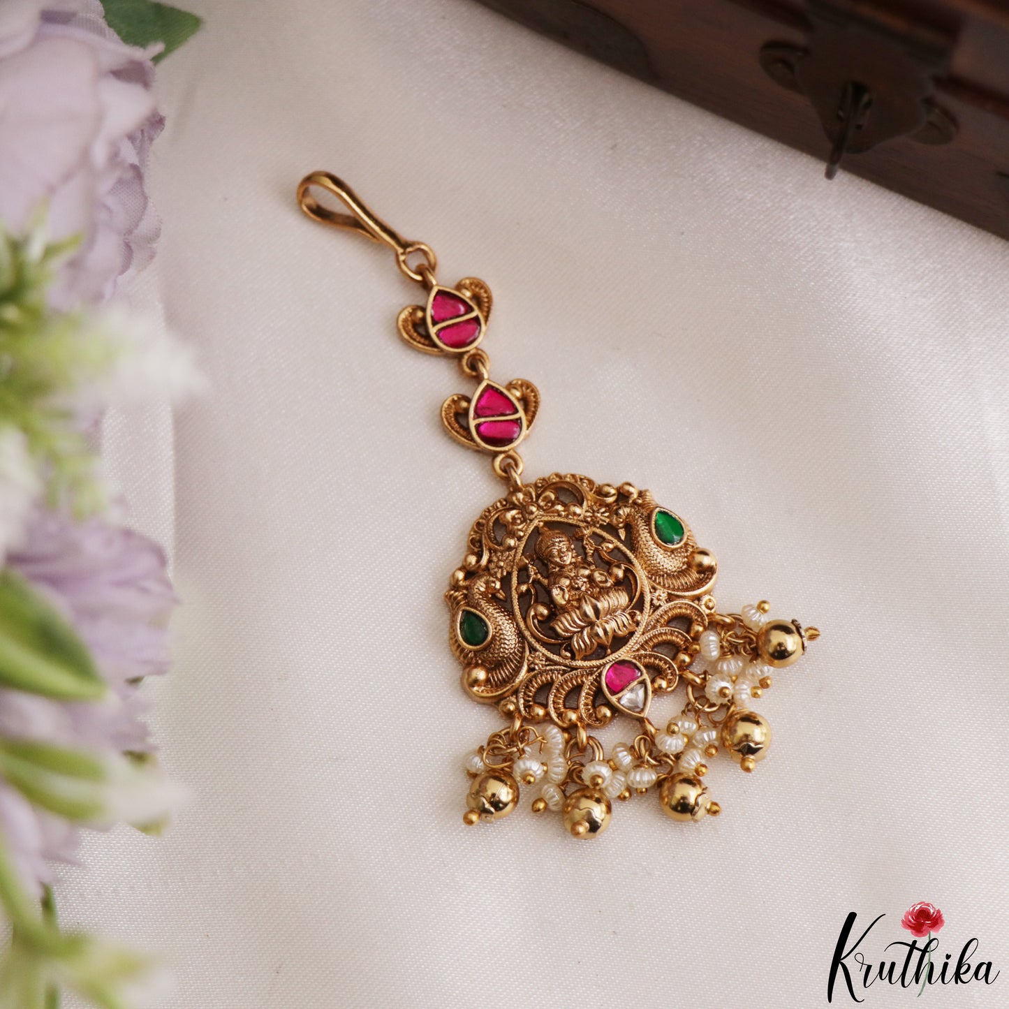 Classic Antique Lakshmi Peacock Motifs Jadau Maang Tikka With Pearl Bead Drops MT402 (Available In 4 Colors)