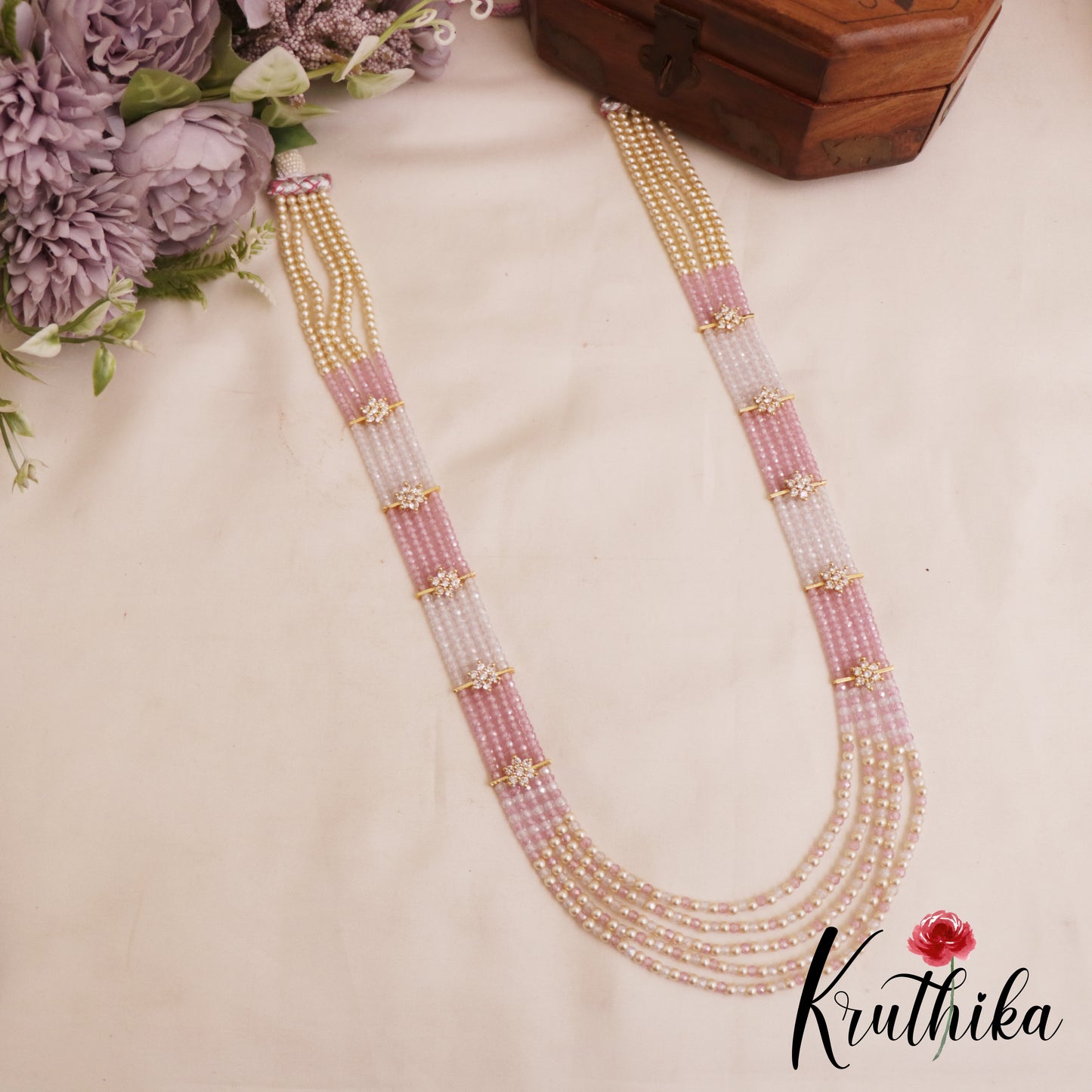 Sparkling Multi Layered crystal & Pearl statement Haaram with floral accents LH2081 (Available In 13 Colors)