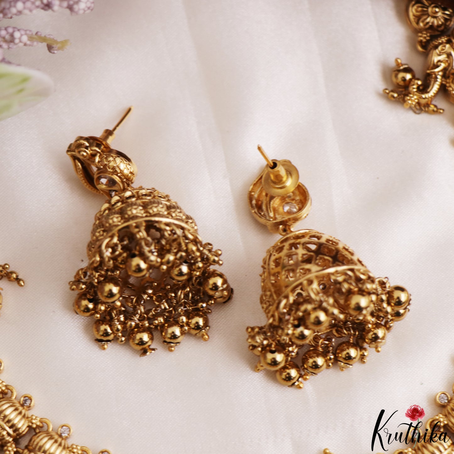 Premium Antique Nagas Lakshmi Peacock Motifs Temple Necklace With Golden Bead Drops NC3223