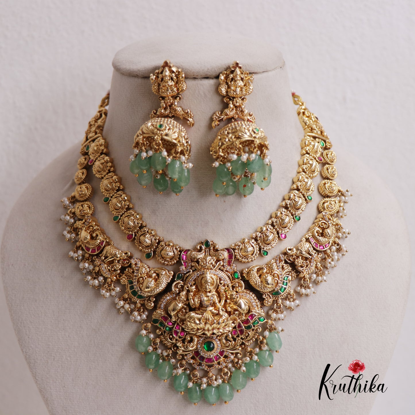 Premium Jadau Antique Lakshmi Peacock Necklace with Beads NC2528 (Available In 2 Colours)