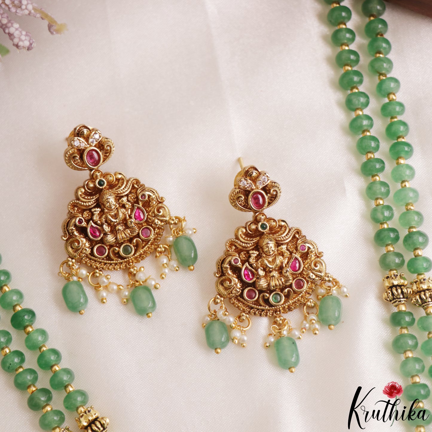 Trendy Antique Lakshmi Motifs Double Layered Green Beads Jadau Haaram LH2159