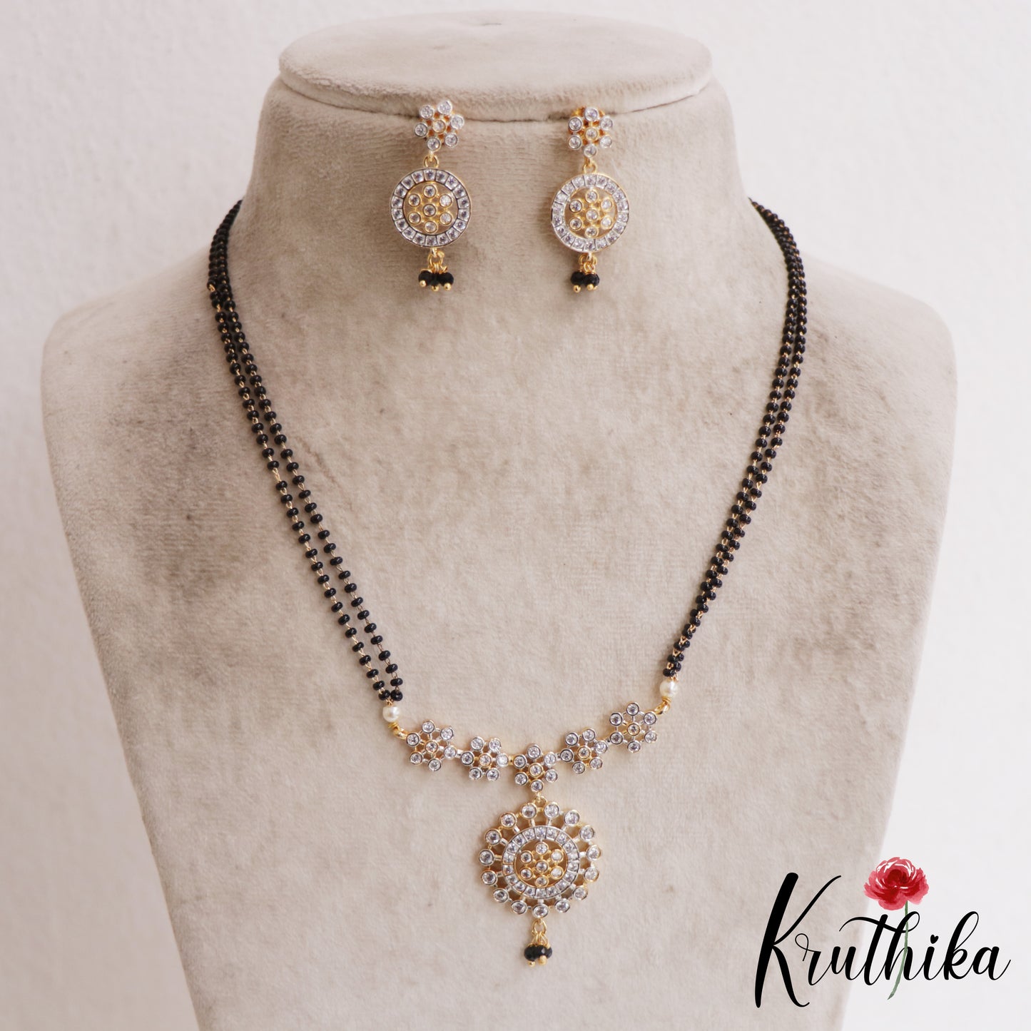 Classic Floral Double Layered AD Mangalsutra With Earrings Set NC2909