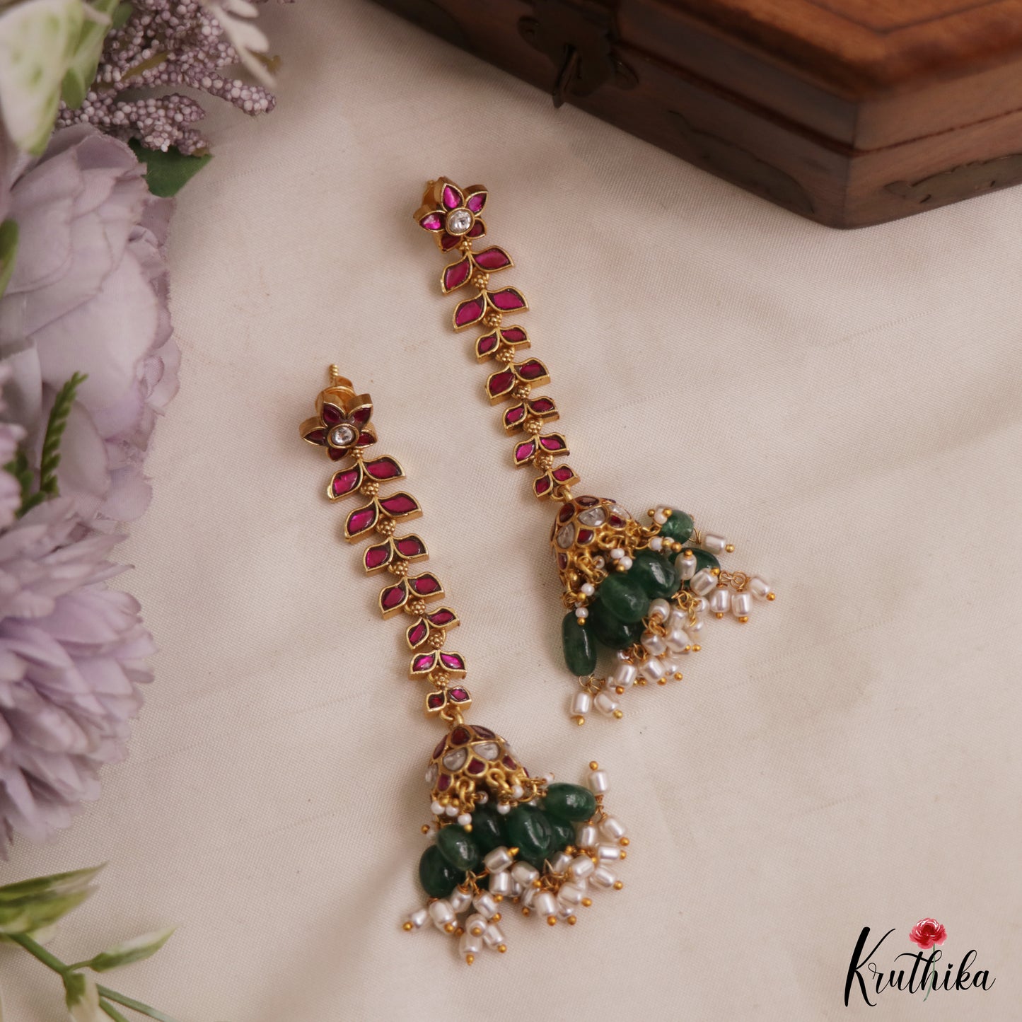 Premium Floral Leaf Motifs Jadau Jhumkas With Green Bead Drops E1146