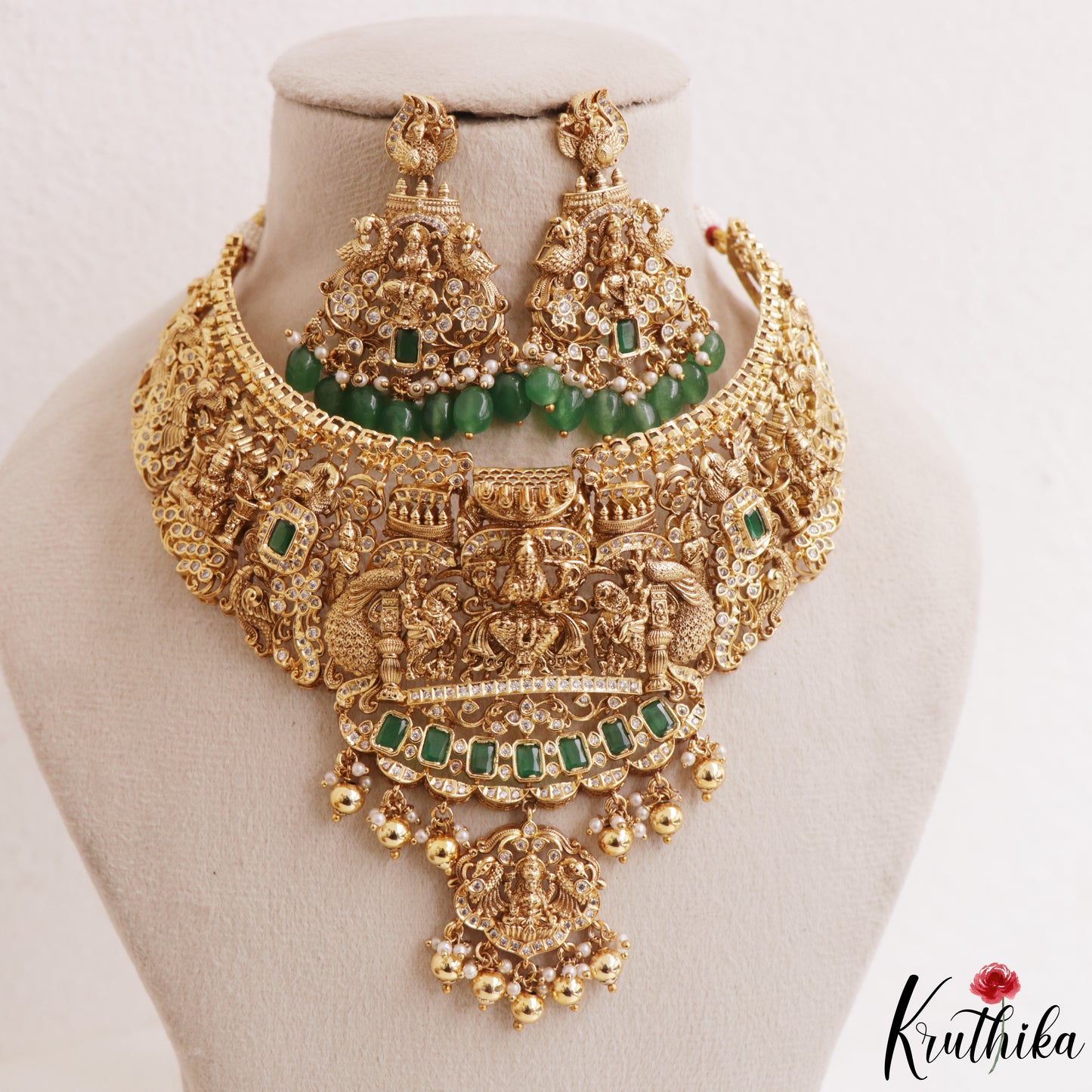 Premium Antique Nagas Lakshmi Peacock Motifs Temple Choker With Bead Drops NC3164 (Available In 2 Colors)