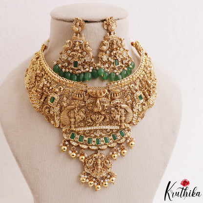 Premium Antique Nagas Lakshmi Peacock Motifs Temple Choker With Bead Drops NC3164 (Available In 2 Colors)