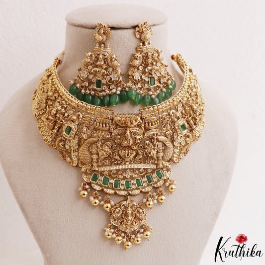 Premium Antique Nagas Lakshmi Peacock Motifs Temple Choker With Bead Drops NC3164 (Available In 2 Colors)